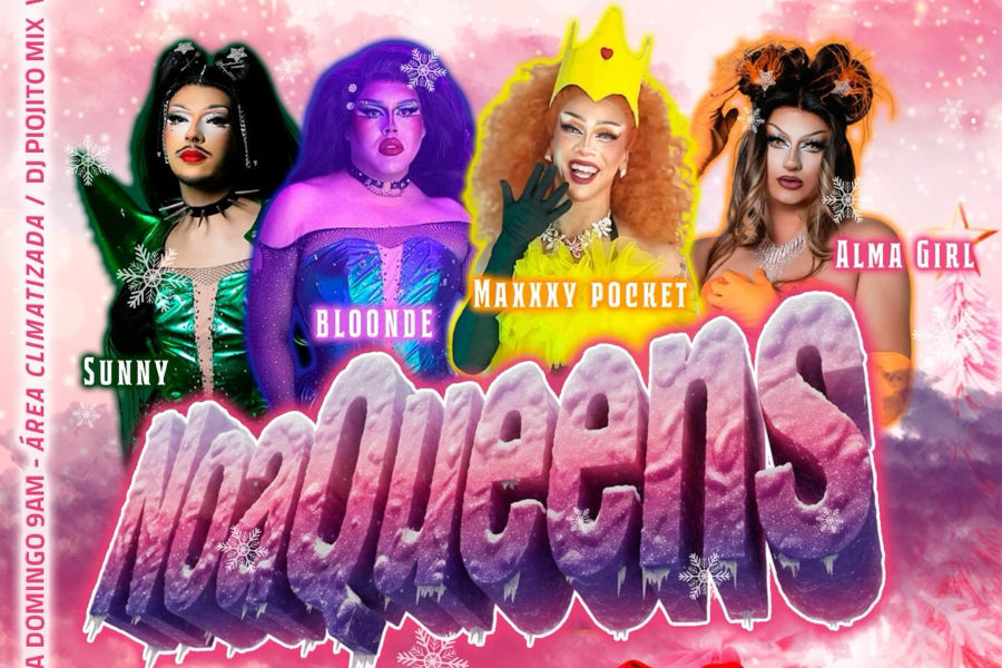 Las NoaQueens posan con atuendos temáticos en un póster detallado del Viernes Drag del bar Noa Noa.