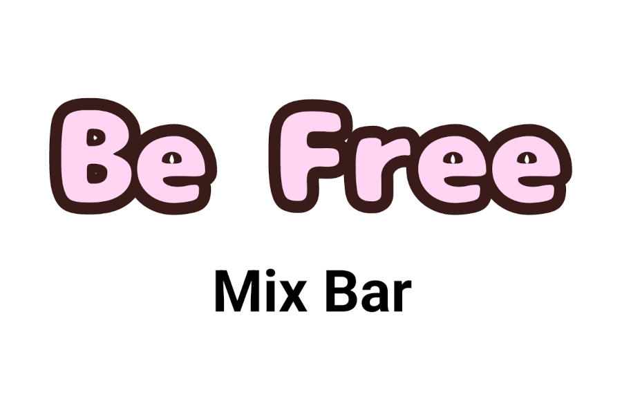 淡い背景の上に、「Mix Bar」の文字の上に配置され、縁取りのある丸みを帯びたピンク色の文字でデザインされたBe Free Mix Barのロゴ。!