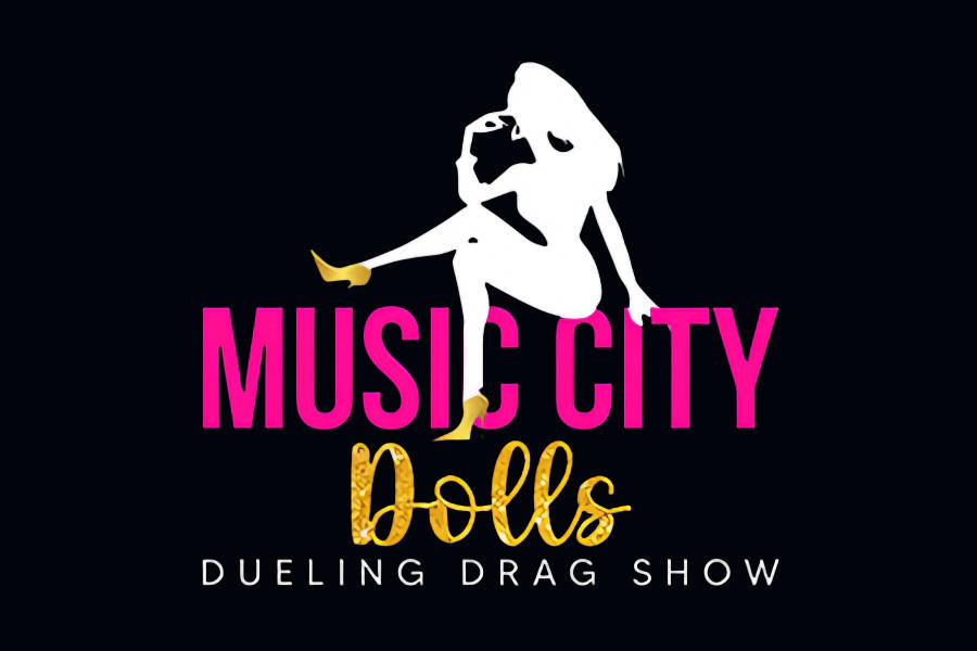 Music City Dolls Dueling Drag Show logo featuring a white performer silhouette above bright pink and gold lettering on a black background.