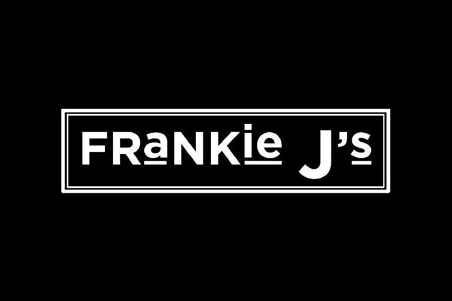 Black-and-white Frankie J’s logo featuring bold white lettering inside a double-outlined rectangular frame on a black background.