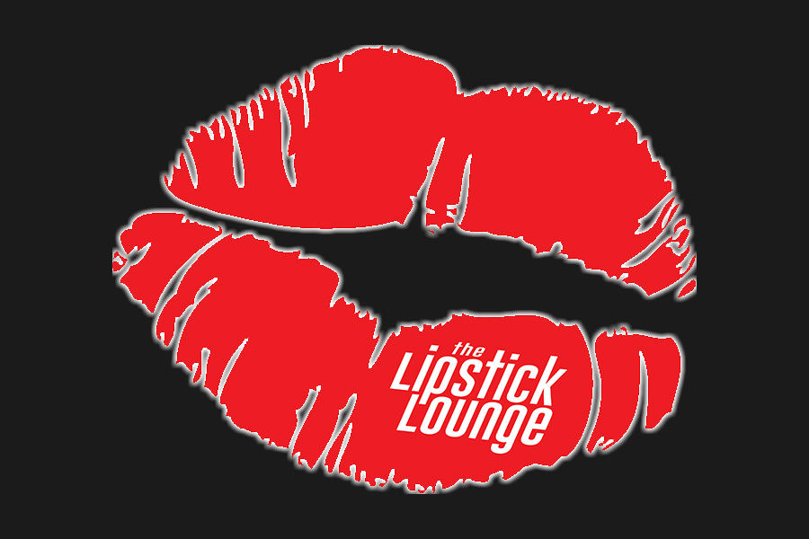 Logo of The Lipstick Lounge showing bright red lips with the venue’s name in white lettering against a solid black background.