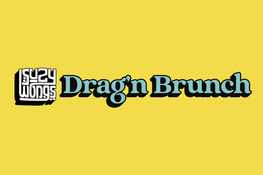 Logo for Suzy Wong’s Drag’n Brunch displaying bold retro blue typography beside the Suzy Wong’s icon on a solid yellow background.