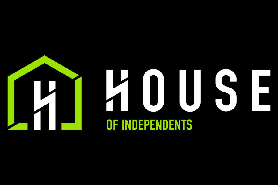 Logo of House of Independents featuring a white wordmark and a lime-green house icon on a black background.