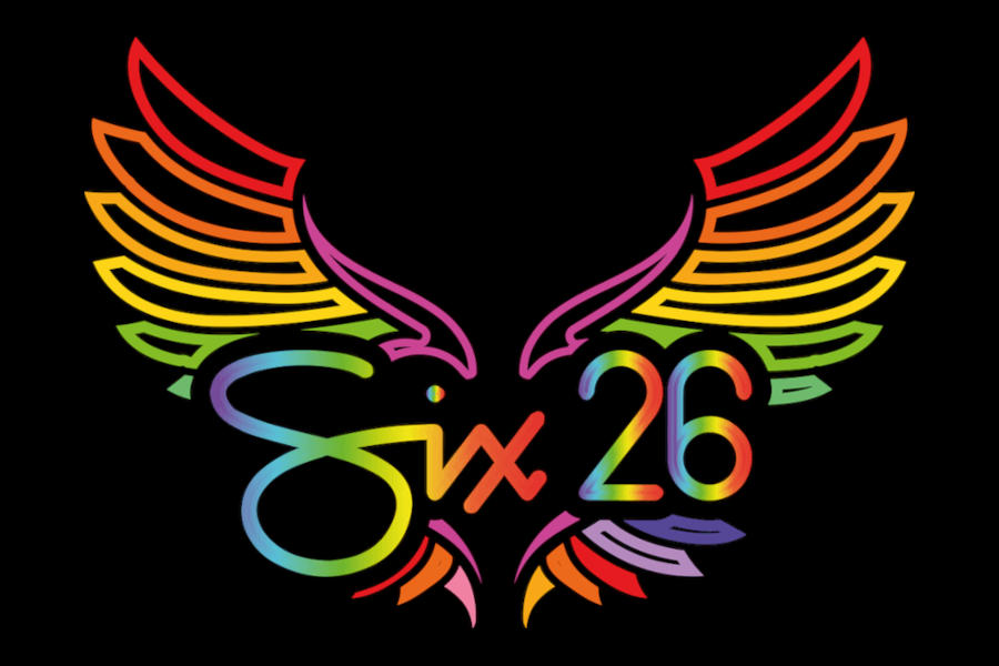 Logo of Six26 featuring rainbow-colored wings and lettering on a black background.
