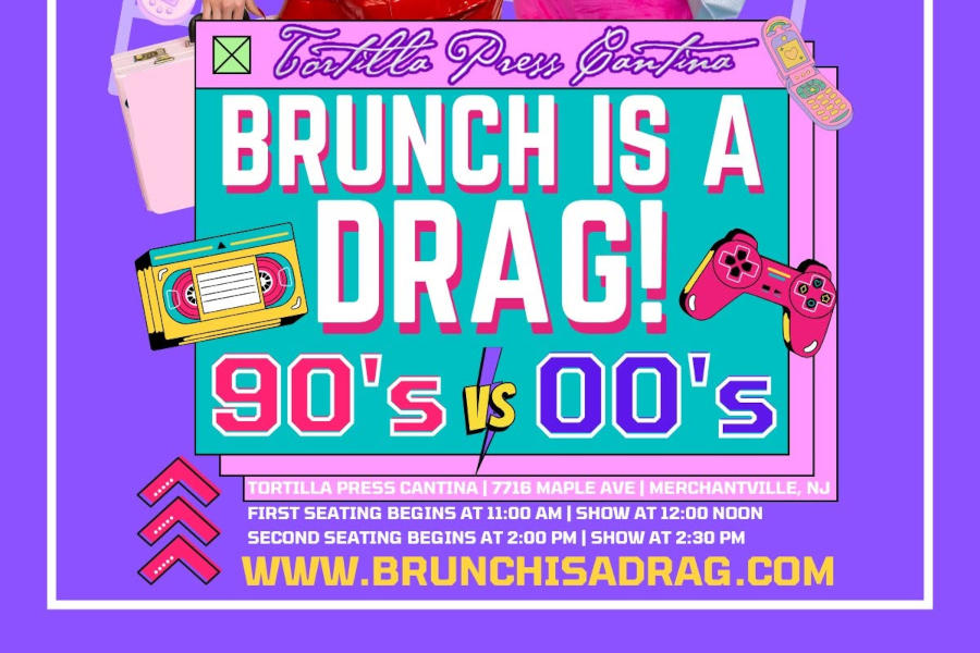 Promotional poster for Brunch Is A Drag at Tortilla Press Cantina featuring two drag performers in colorful 90s and 2000s-inspired outfits on a purple background.