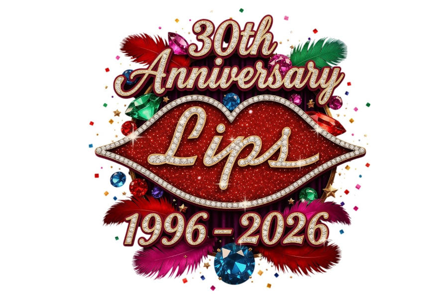 Colorful Lips drag show anniversary graphic featuring sparkling lips, feathers, and gems marking 30 years of performances in NYC.