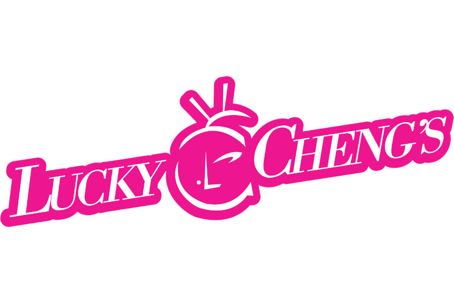 Lucky Cheng’s NYC drag dinner theater logo in pink with peach symbol on a white background.
