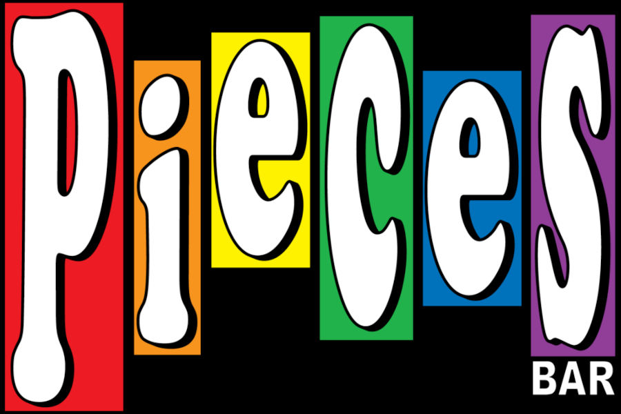 Pieces Bar NYC logo with white letters over rainbow-colored blocks on black, representing an inclusive LGBT nightlife venue.