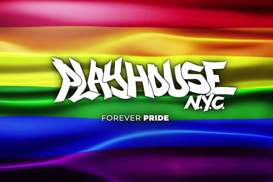 Playhouse NYC logo in bold white lettering over a flowing rainbow flag background, symbolising LGBT pride and nightlife.