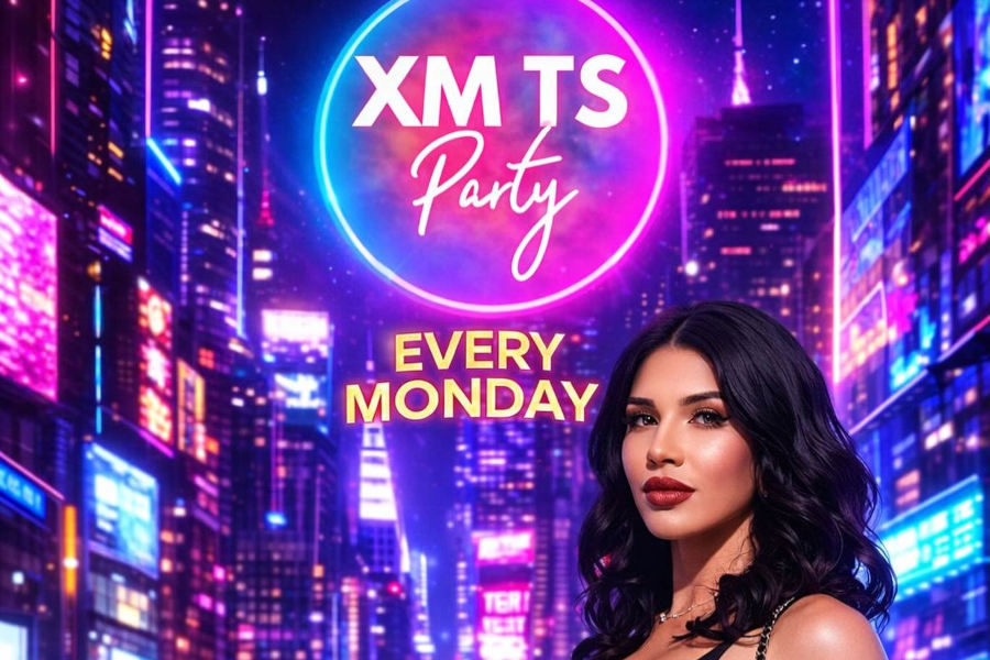 Poster for XM TS Party NYC featuring a model in a black dress against a neon city backdrop.