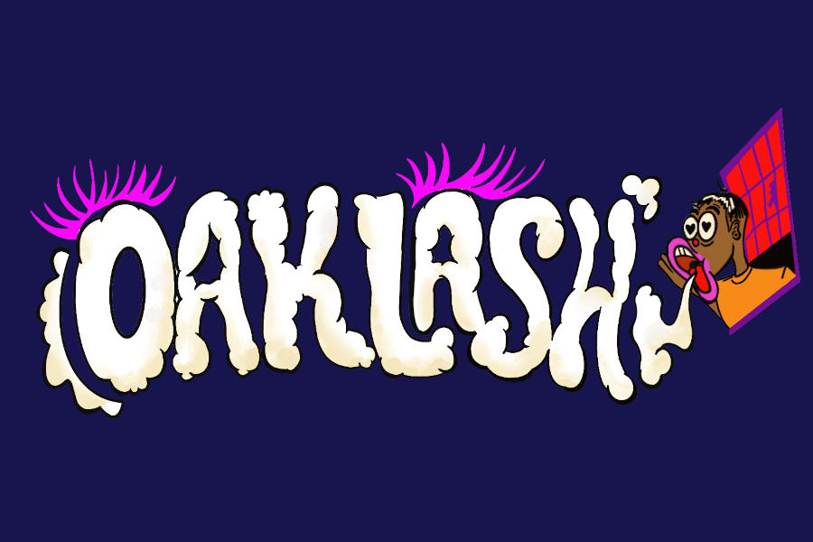 Logo of Oaklash featuring bold white curved letters, pink eyelash details and a colourful cartoon face on the right.