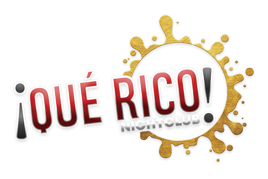 Logo of Que Rico Nightclub featuring bold red and black text over a white circle with an irregular metallic gold border.