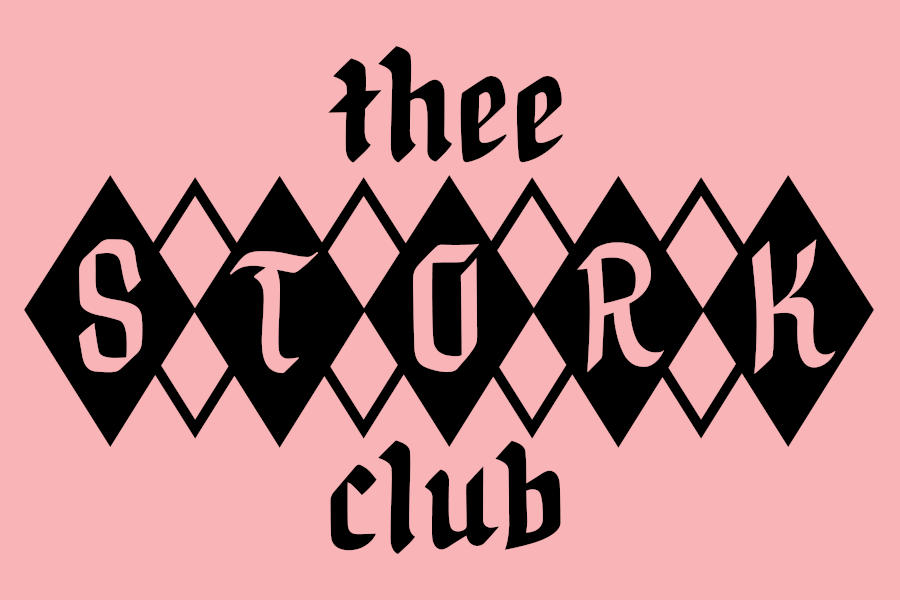 Logo of Thee Stork Club featuring Gothic-style lettering and a black diamond pattern against a pastel pink background.