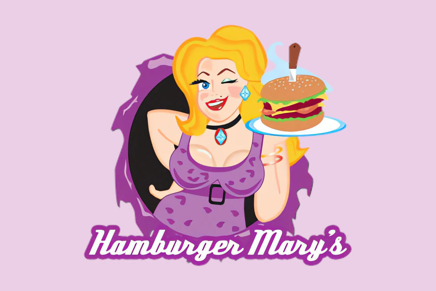 Logo of Hamburger Mary’s featuring a smiling blonde waitress in a purple dress holding a large burger on a tray above the venue’s signature script.