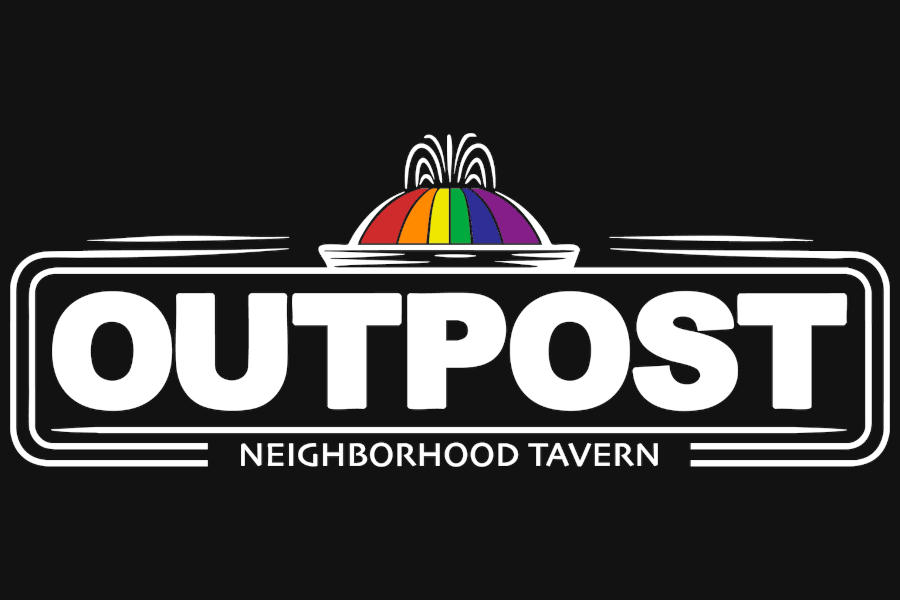 Logo of Outpost Neighborhood Tavern featuring bold white lettering on a black background, topped with a rainbow-colored fountain icon.