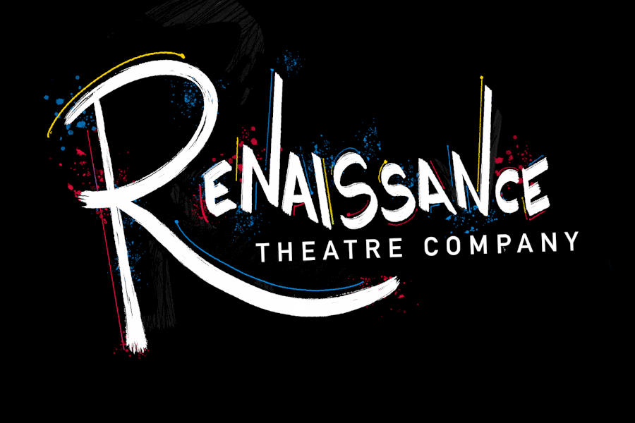 Logo of The Renaissance Theatre Company featuring expressive white brush lettering with blue, red, and yellow paint splashes on a black background.