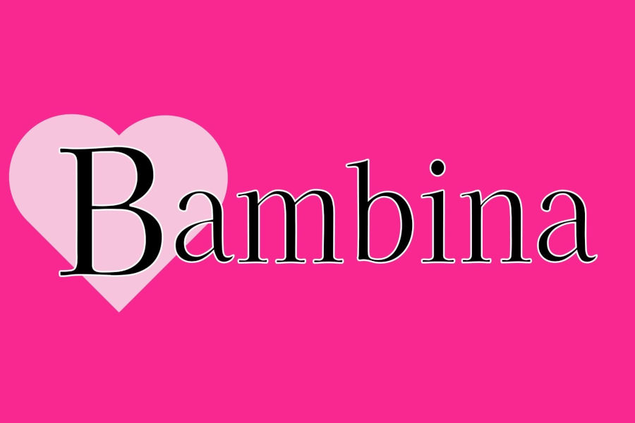 明るいピンクの背景に、淡いピンクのハートが配置され、その上に黒いセリフ体の文字で「Bambina Newhalf Bar」と書かれたロゴ。!