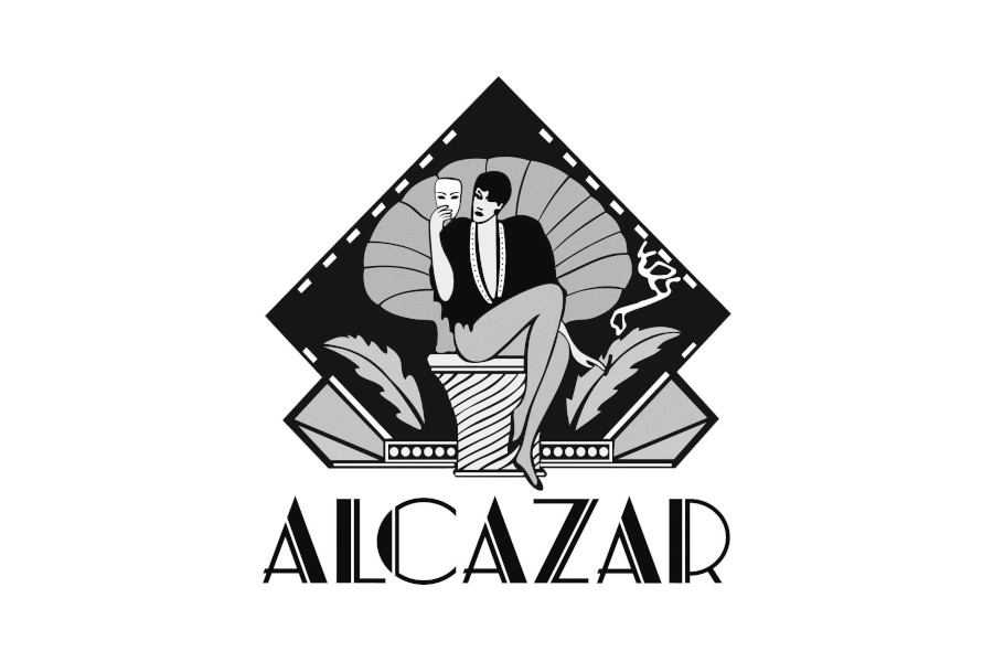 Black and white logo of Alcazar Cabaret featuring a seated figure holding a theatrical mask.