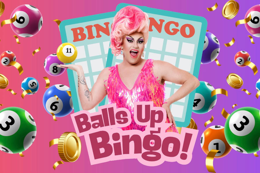Promotional graphic showing a drag performer in a pink outfit posing in front of bingo cards, surrounded by colourful bingo balls and coins.