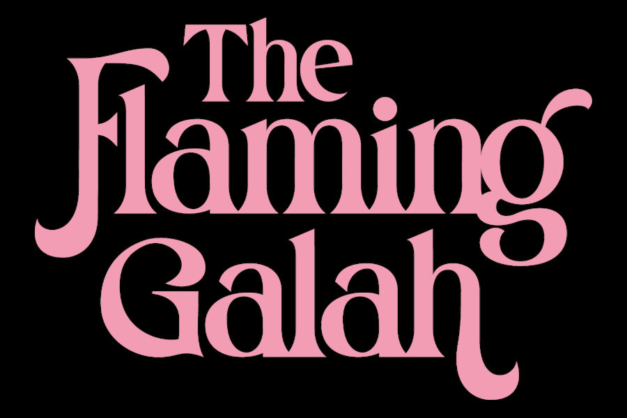 Logo of The Flaming Galah featuring large pink serif text on a black background with the words arranged across multiple lines.