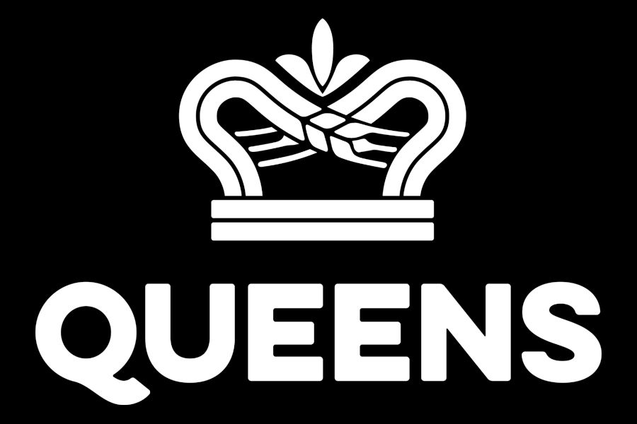 Black and white logo featuring a crown symbol with curved lines and the word “Queens” displayed in large bold typography below.