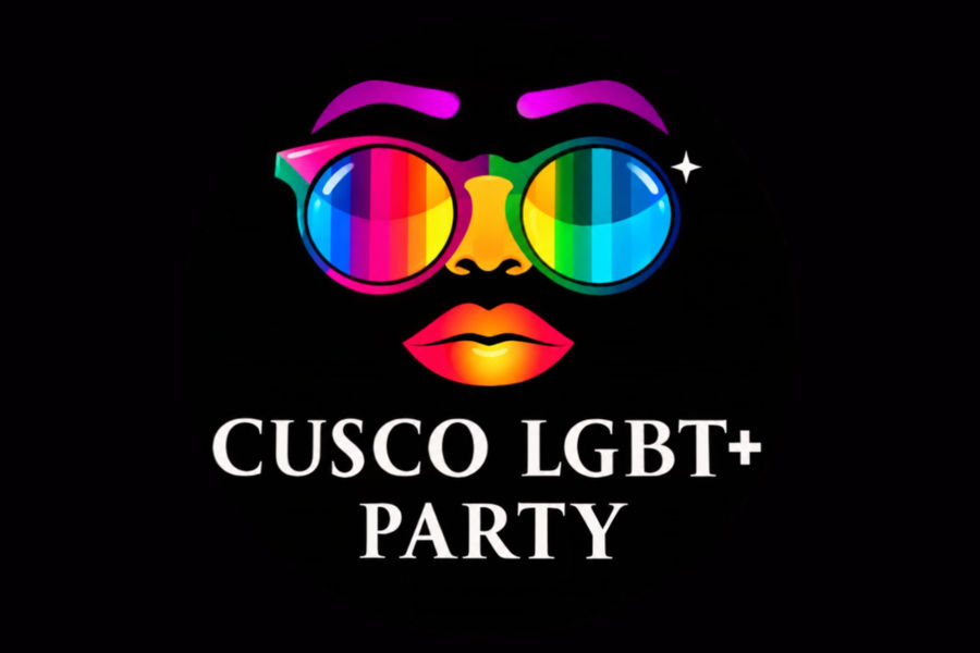 Logo de Cusco LGTB+ Party con un rostro con gafas de sol de los colores del arcoíris sobre letras blancas.