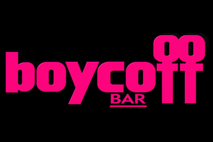 Logo of Boycott Bar in bright pink on black, with bold lowercase lettering and a distinctive symmetrical design at the end of the name.