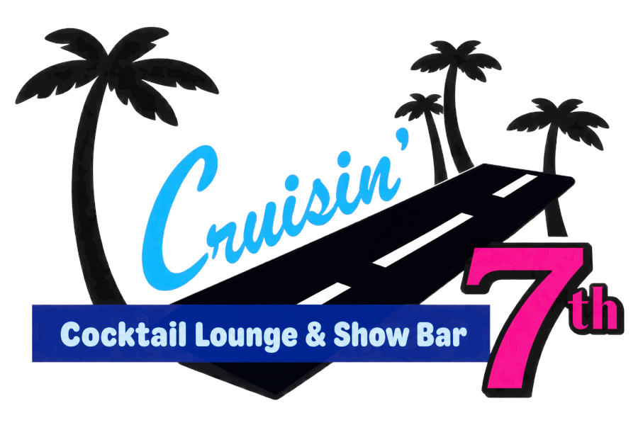 Logo of Cruisin’ 7th showing a black road surrounded by palm trees, with Cruisin’ in blue and a large pink 7th on the right.