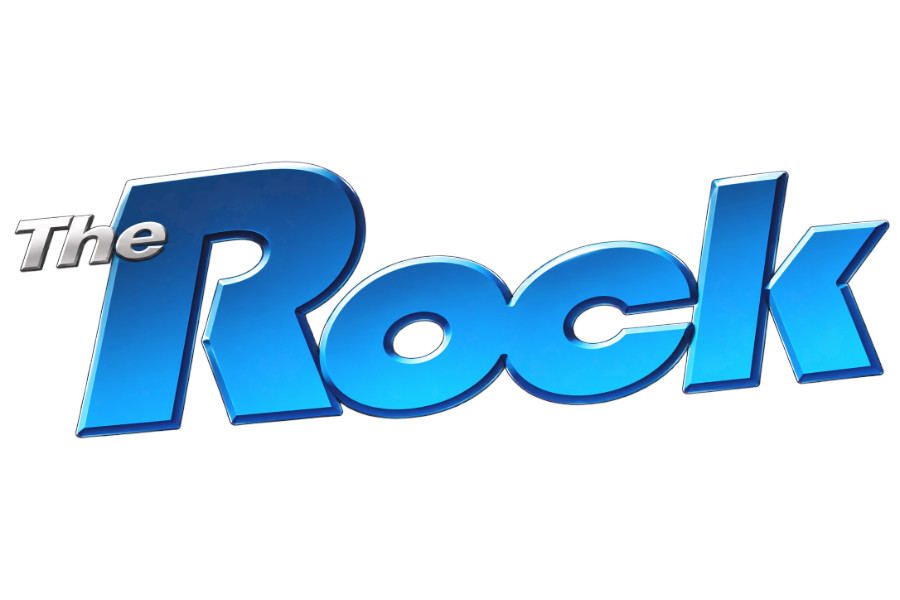 The Rock name displayed in large glossy blue letters with a raised 3D appearance, accompanied by a smaller silver “The” on the left.