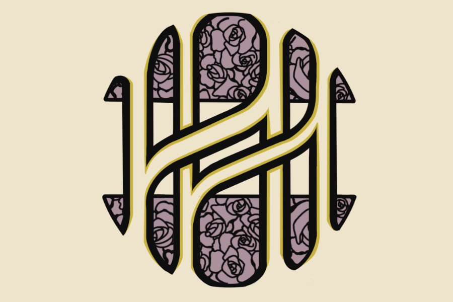 Harold’s Haunt logo with a double-H monogram outlined in gold, filled with purple roses on a cream background.