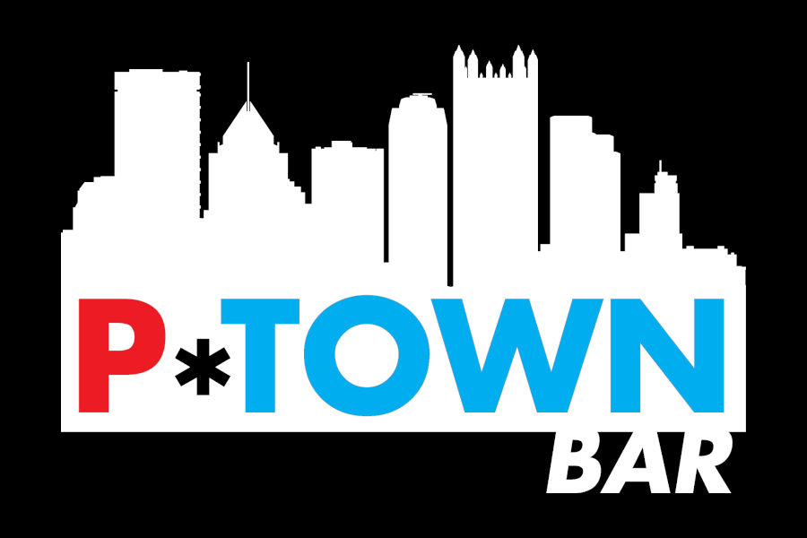 Graphic logo of P*Town Bar showing the Pittsburgh city skyline in white with colorful block letters spelling out the bar’s name.