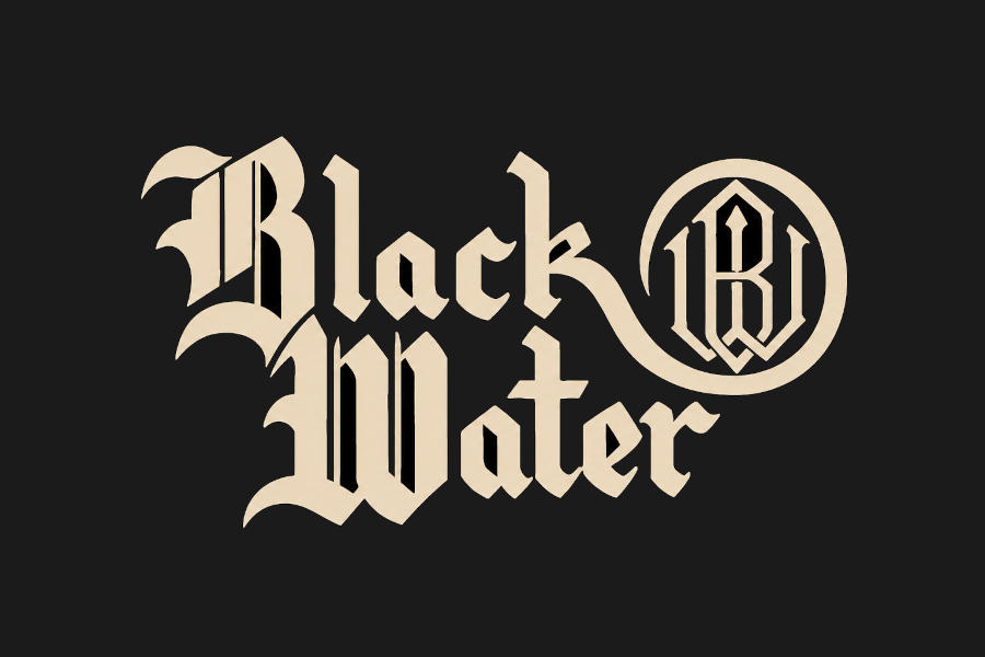 Logo of Black Water displaying stylized Gothic typography and a circular “BW” monogram on a dark background.