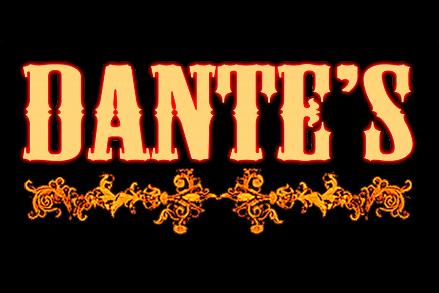 Logo of Dante’s featuring large vintage-style gold lettering with red accents and ornate decorative flourishes on a black background.