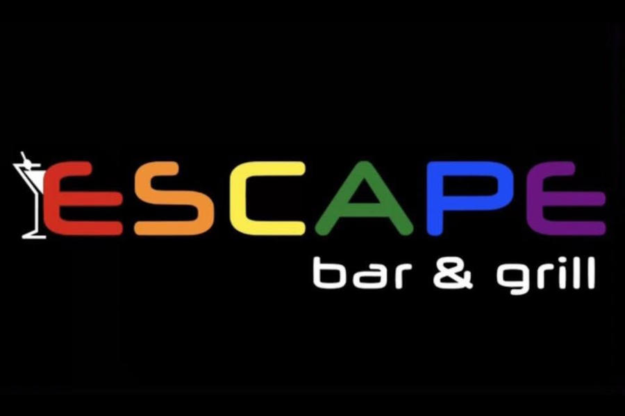 Logo of Escape Bar & Grill featuring rainbow-colored lettering with a martini glass icon on a black background.