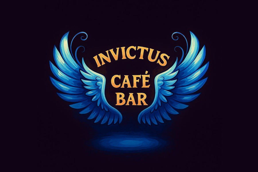 Logótipo do Invictus Café Bar com asas grandes azuis e texto laranja sobre um fundo escuro.