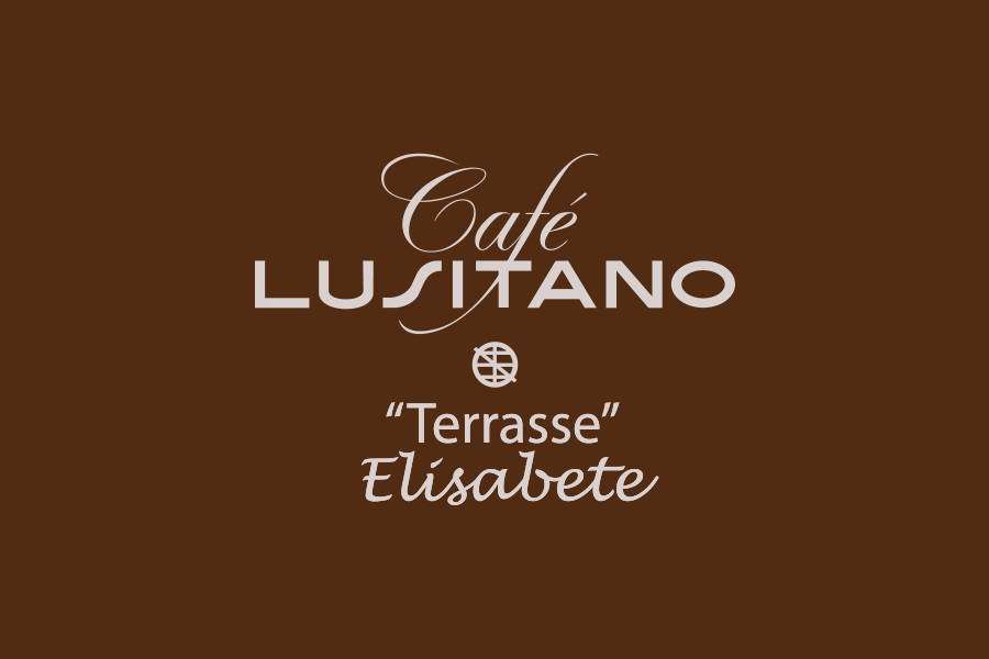 Logótipo castanho do Café Lusitano com as palavras «Terrasse Elisabete» em texto branco cursivo.