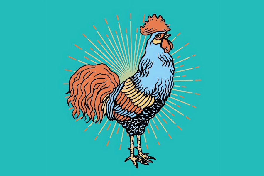Logo de San Pedrito que tiene un gallo detallado sobre un aro de rayos de luz.