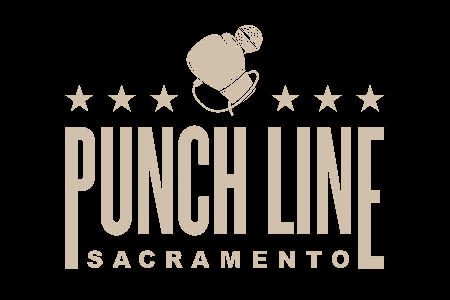 Logo of Punch Line Sacramento displaying large beige typography with a boxing glove holding a microphone above the venue name on black.