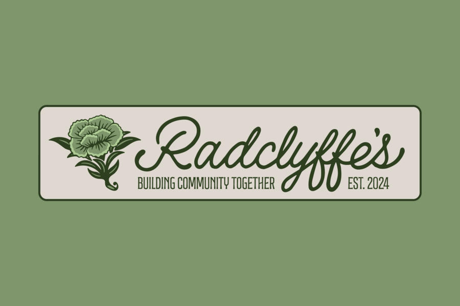 Logo of Radclyffe’s Restaurant & Cocktail Bar with a vintage floral emblem, dark green handwritten lettering, and the tagline “Building Community Together” displayed inside a cream-colored banner.