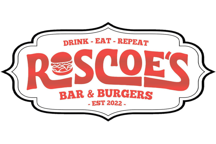 Vintage-style Roscoe’s Bar and Burgers logo in red and white, displaying a burger illustration, decorative border, and “Drink • Eat • Repeat.”