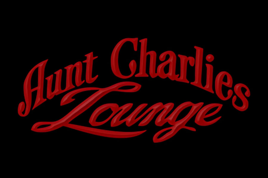 Logo of Aunt Charlie’s Lounge in glowing red cursive lettering displayed on a black minimalist background.