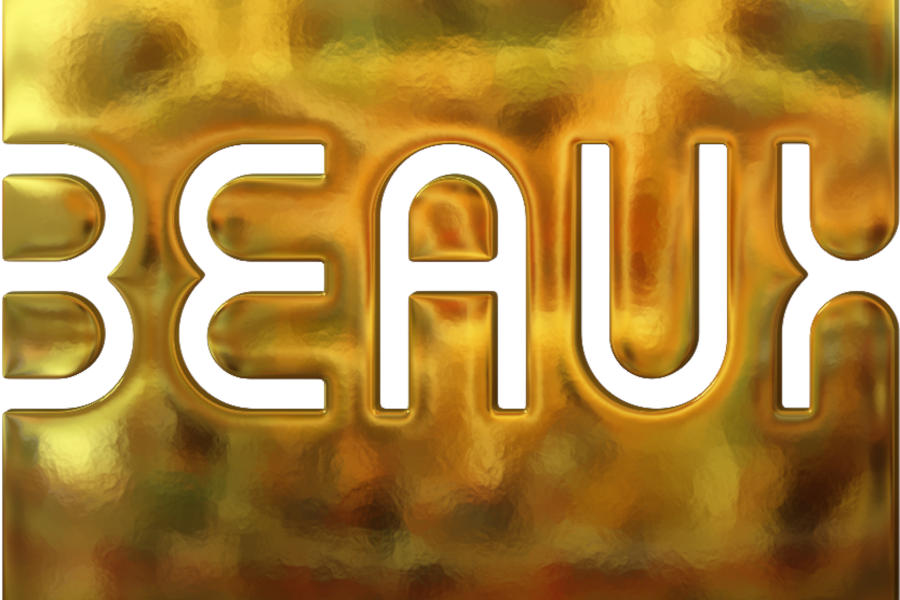 Logo of Beaux nightclub in large white lettering displayed over a textured metallic gold background.