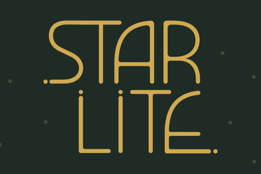 Logo of Starlite in gold geometric lettering displayed on a dark green background with subtle star details.