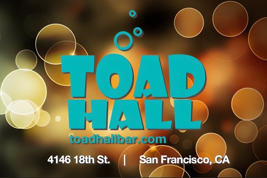 Logo of Toad Hall in bright turquoise lettering displayed over a colourful blurred nightlife background with glowing circles.