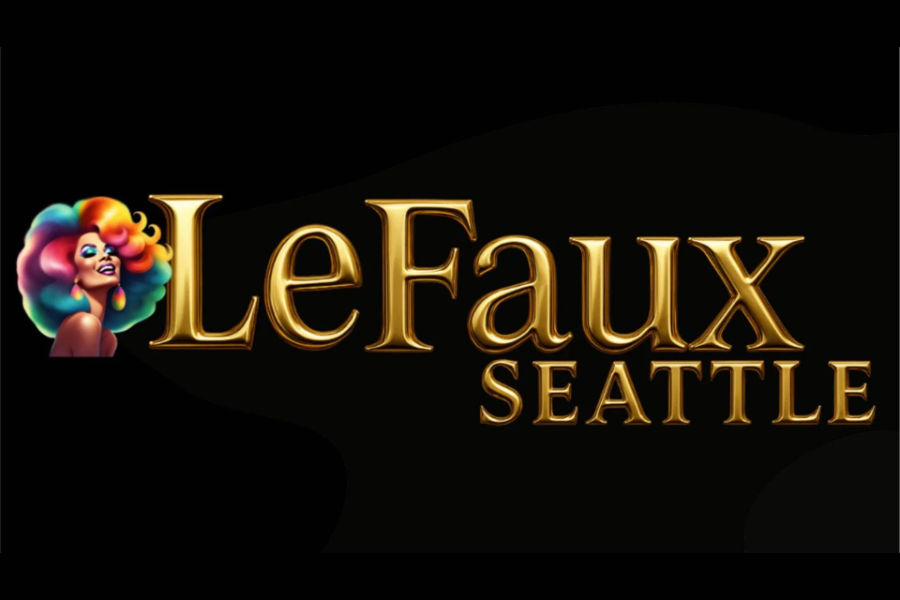 Logo of Le Faux Seattle featuring gold lettering and a colourful illustrated drag performer on a black background.