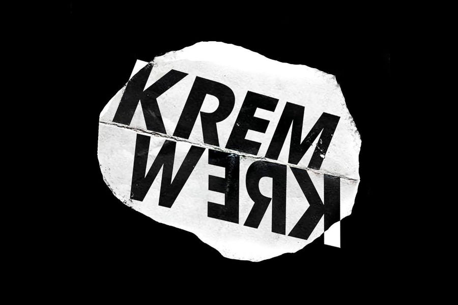 Black and white Kremwerk logo displaying mirrored typography on a rough-edged white graphic element.