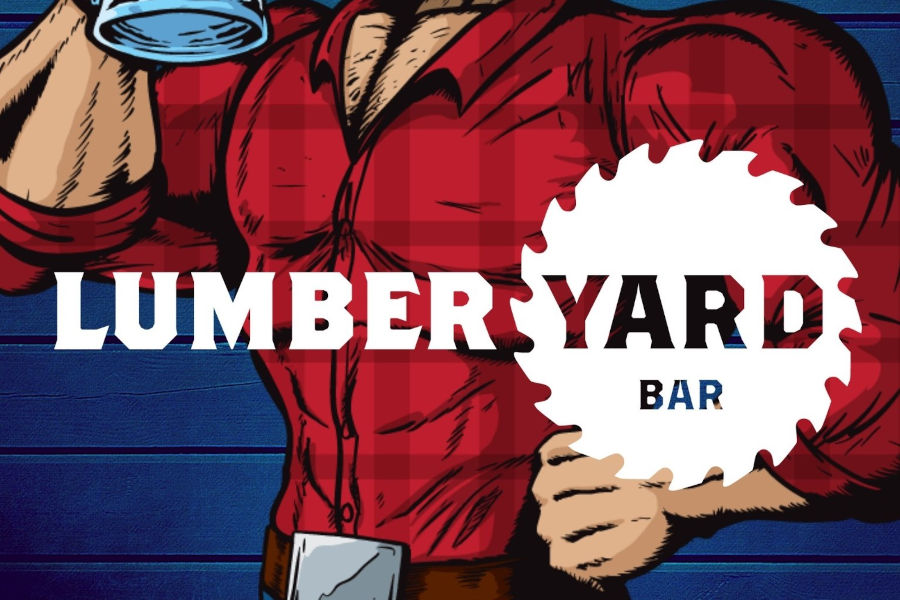 Logo of Lumberyard Bar displayed over an illustration of a lumberjack in a red plaid shirt against a blue background.