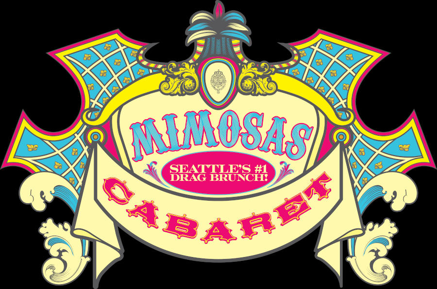 Logo of Mimosas Cabaret featuring ornate vintage-style artwork and text promoting Seattle’s drag brunch show.
