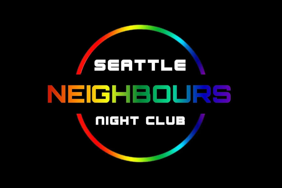 Logo of Neighbours Nightclub featuring rainbow-gradient lettering and a circular rainbow outline on a black background.