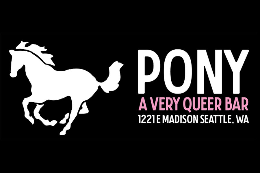 Logo of Pony featuring a white horse silhouette alongside bold text describing the Seattle venue as a queer bar.